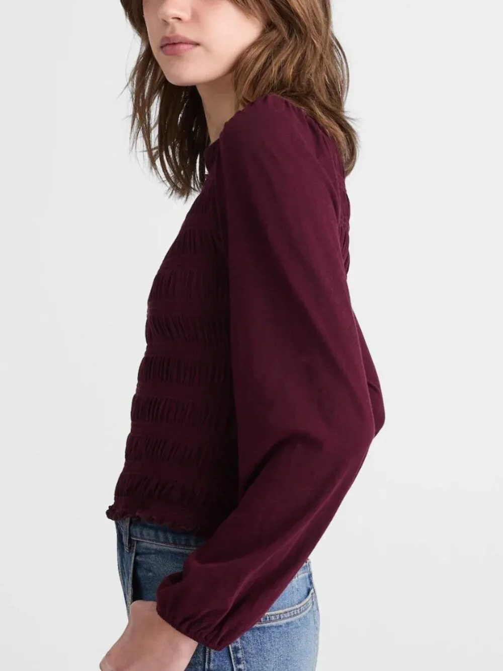Madewell Smocked Cotton Boatneck Puff Sleeves Slim Fit Top Burgundy Size XS NWT